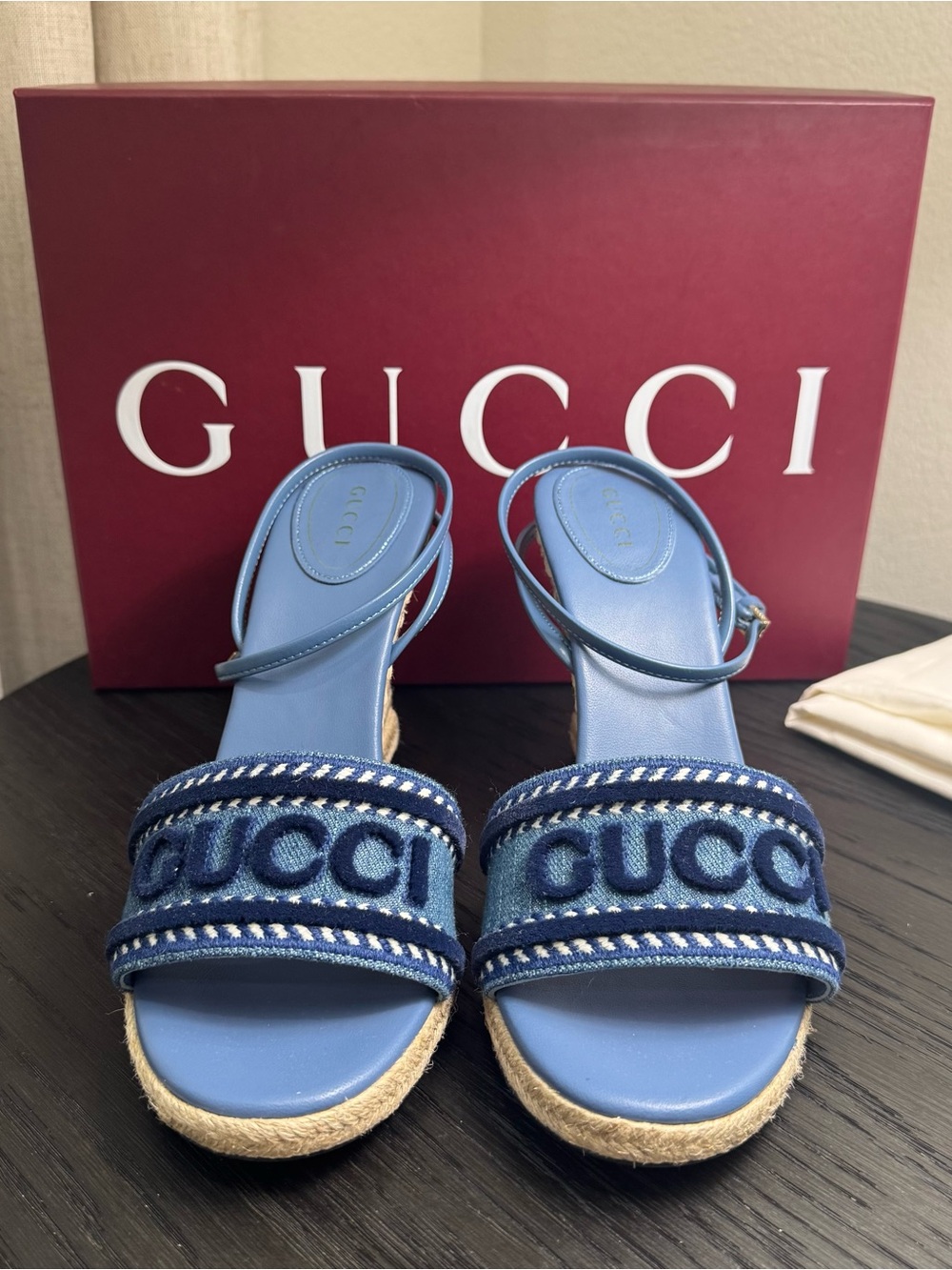 Gucci Ines Logo Denim Wedge Espadrilles 39.5 - Picture 2 of 8